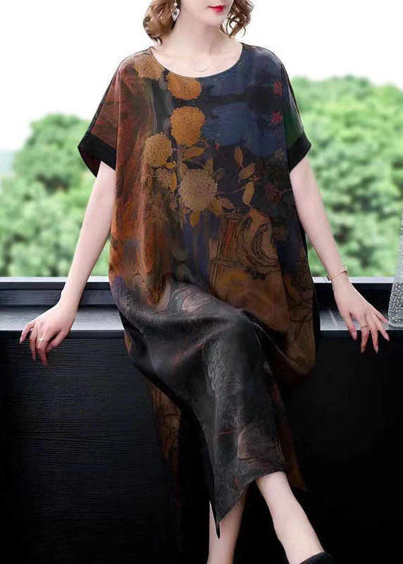Plus Size Coffee O Neck Print Side Open Patchwork Silk Dresses Summer - Image 3