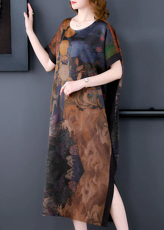 Plus Size Coffee O Neck Print Side Open Patchwork Silk Dresses Summer - Image 4