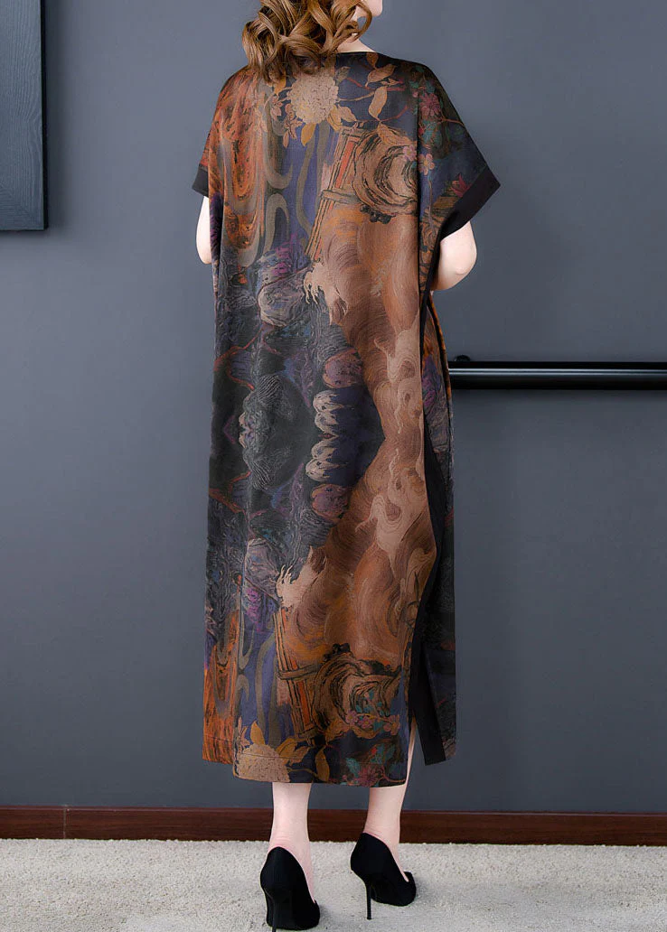 Plus Size Coffee O Neck Print Side Open Patchwork Silk Dresses Summer - Image 5