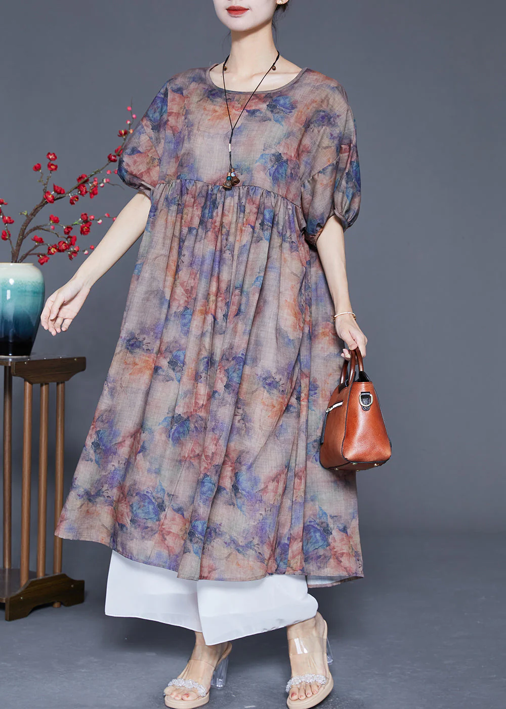 Plus Size Coffee Oversized Print Linen Maxi Dress Summer - Image 2
