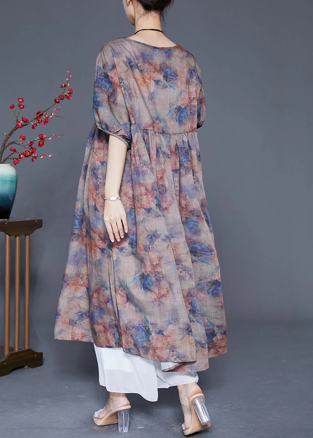 Plus Size Coffee Oversized Print Linen Maxi Dress Summer - Image 4