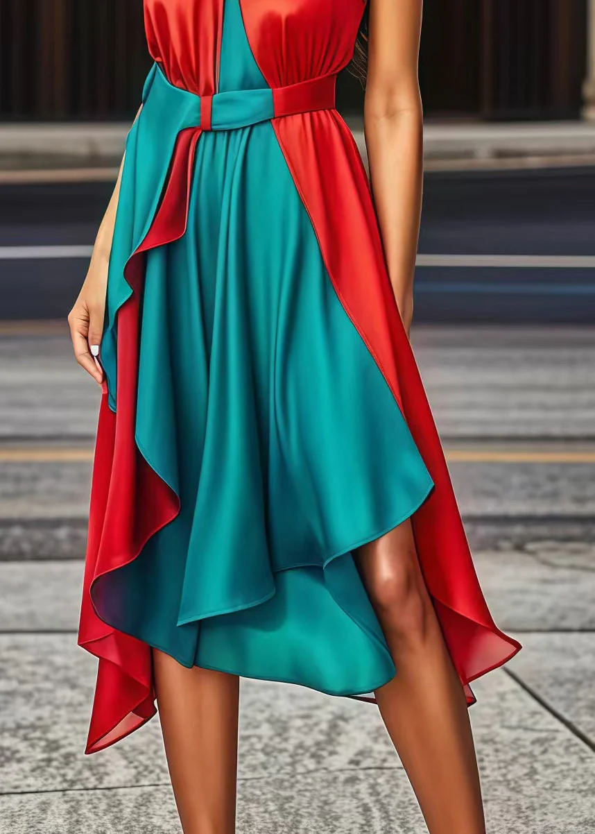 Plus Size Colorblock Asymmetrical Patchwork Silk Halter Dress Summer - Image 4