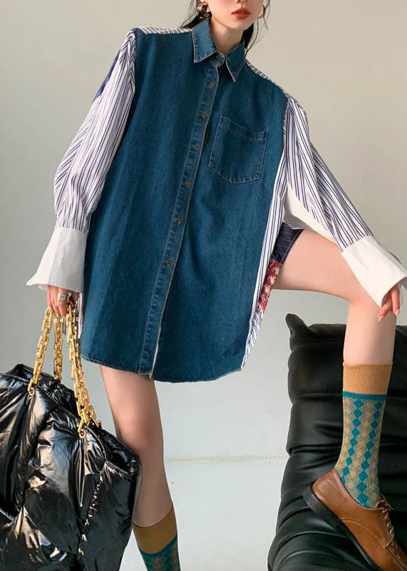 Plus Size Colorblock Denim Patchwork Striped Print Cotton Shirt Dresses Spring - Image 2