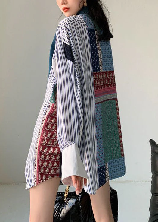 Plus Size Colorblock Denim Patchwork Striped Print Cotton Shirt Dresses Spring - Image 5