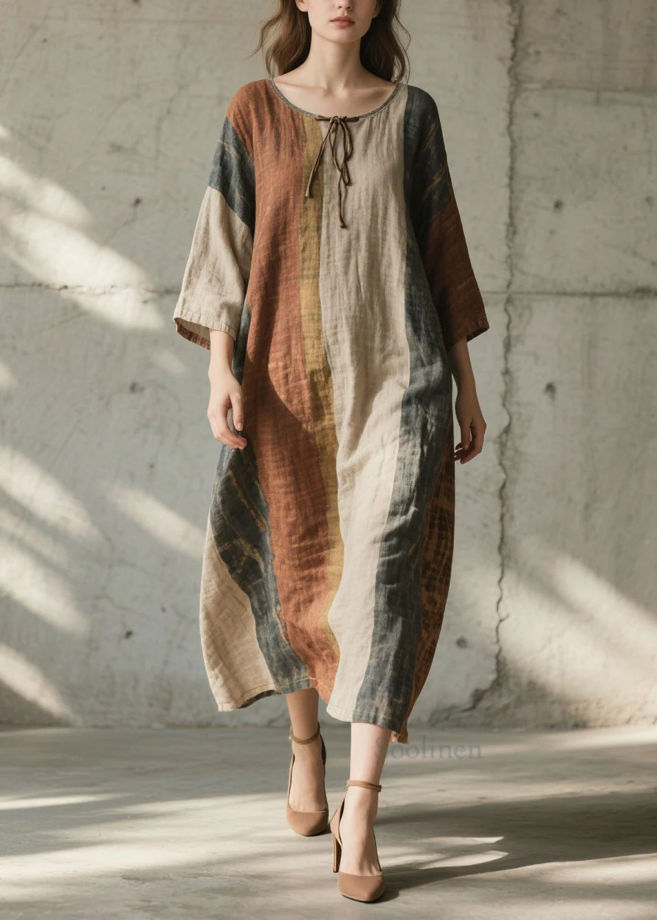 Plus Size Colorblock O Neck Cotton Long Dress Summer