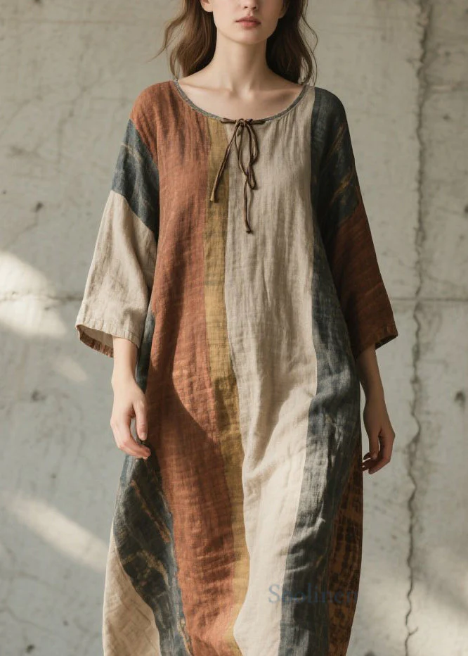 Plus Size Colorblock O Neck Cotton Long Dress Summer - Image 2