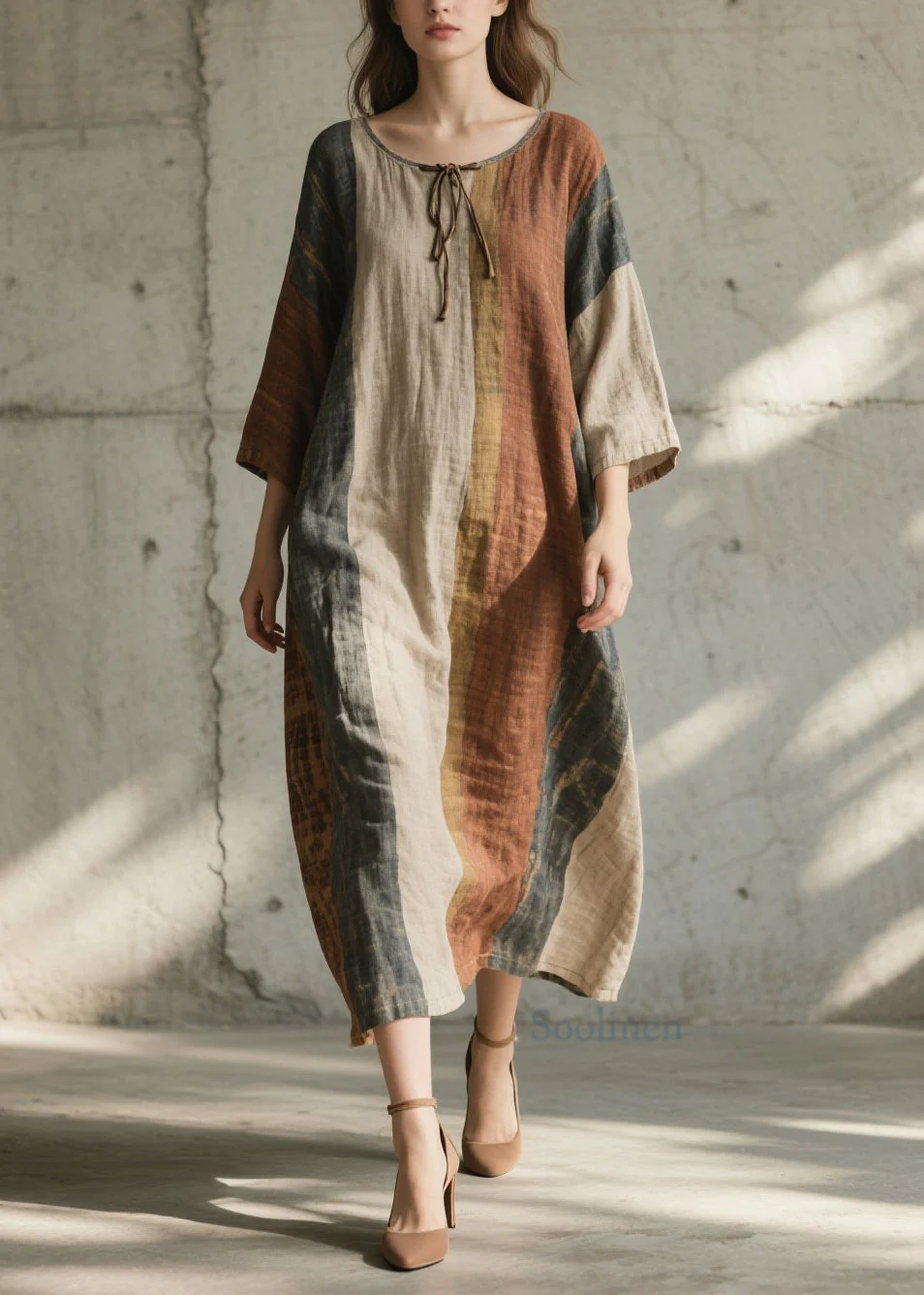 Plus Size Colorblock O Neck Cotton Long Dress Summer - Image 3