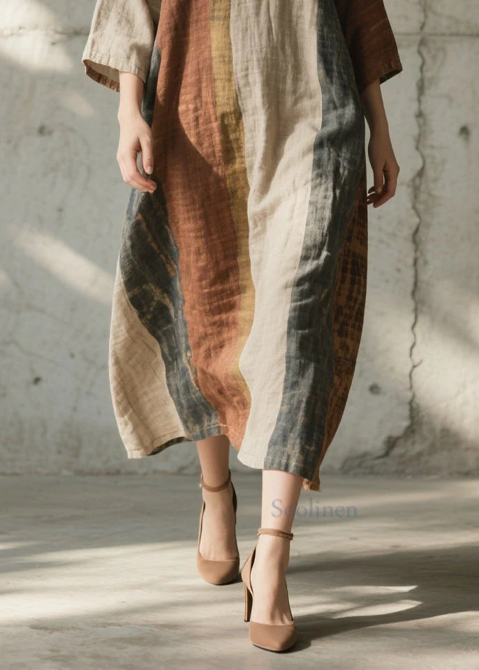 Plus Size Colorblock O Neck Cotton Long Dress Summer - Image 4