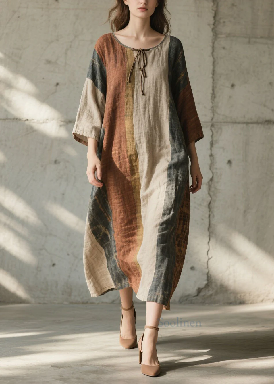 Plus Size Colorblock O Neck Cotton Long Dress Summer - Image 5