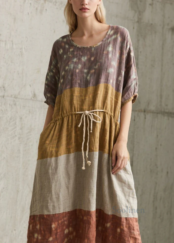Plus Size Colorblock O Neck Lace Up Cotton Long Dress Summer - Image 2