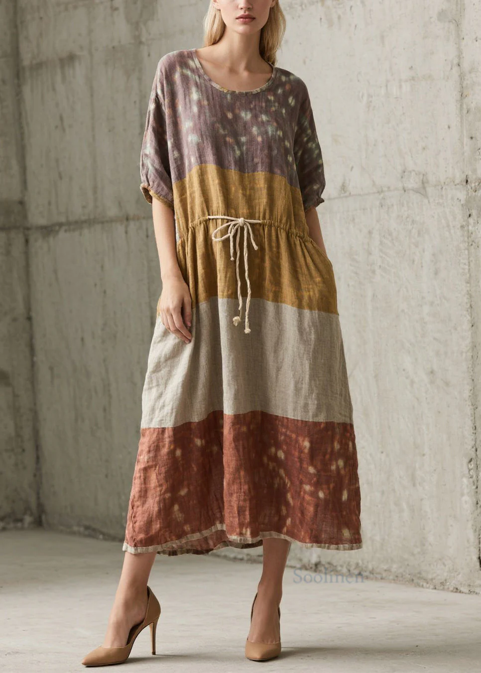 Plus Size Colorblock O Neck Lace Up Cotton Long Dress Summer - Image 3