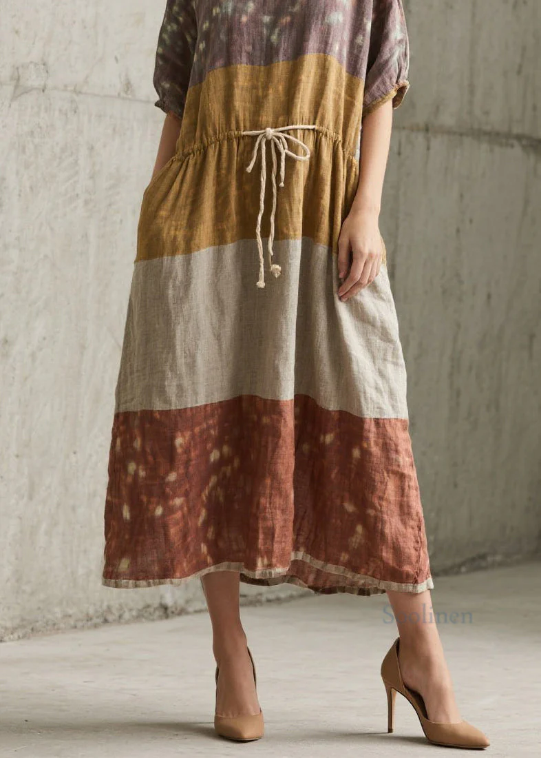 Plus Size Colorblock O Neck Lace Up Cotton Long Dress Summer - Image 4