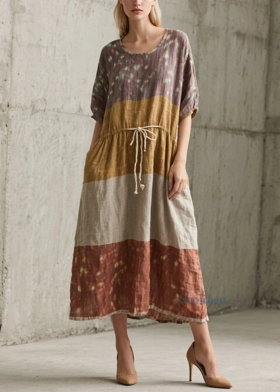 Plus Size Colorblock O Neck Lace Up Cotton Long Dress Summer - Image 5