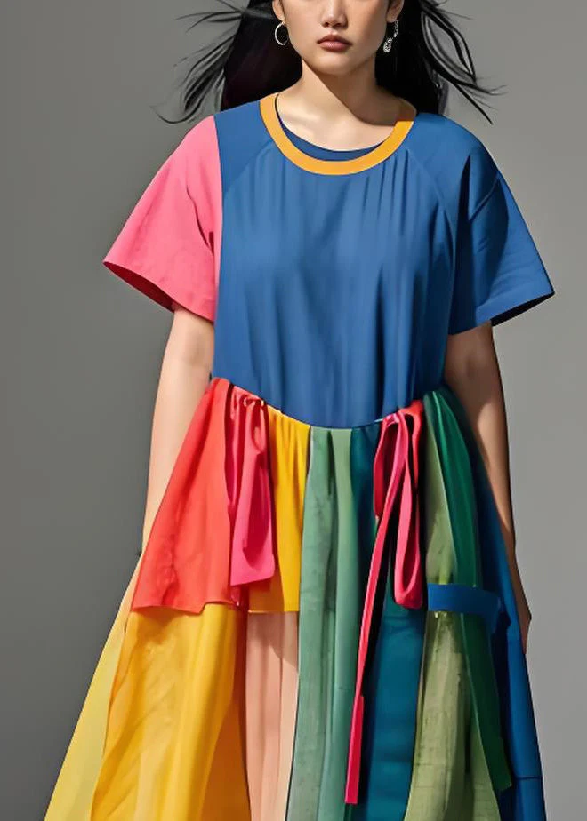 Plus Size Colorblock O Neck Wrinkled Patchwork Cotton Dresses Summer - Image 3