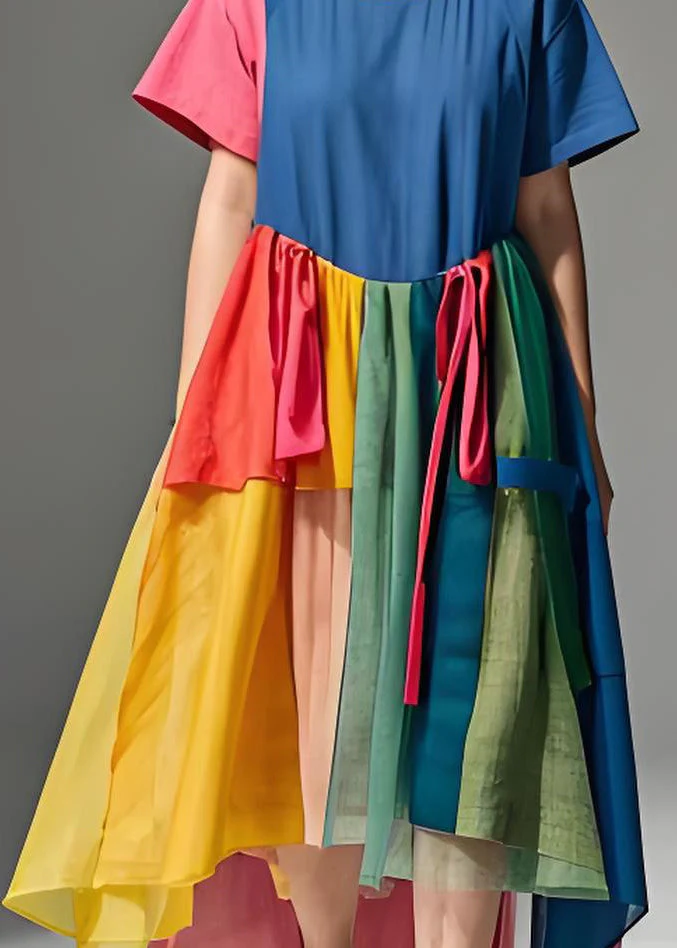 Plus Size Colorblock O Neck Wrinkled Patchwork Cotton Dresses Summer - Image 4