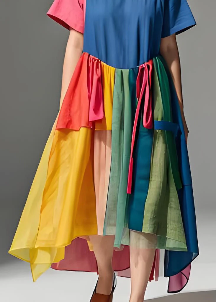 Plus Size Colorblock O Neck Wrinkled Patchwork Cotton Dresses Summer - Image 5