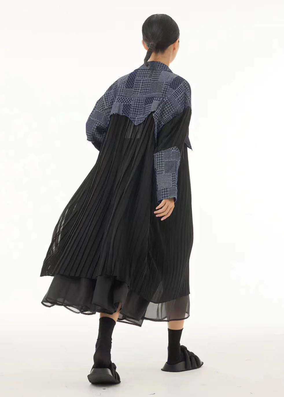 Plus Size Colorblock Oversized Denim Patchwork Wrinkled Chiffon Shirt Dresses Spring - Image 2