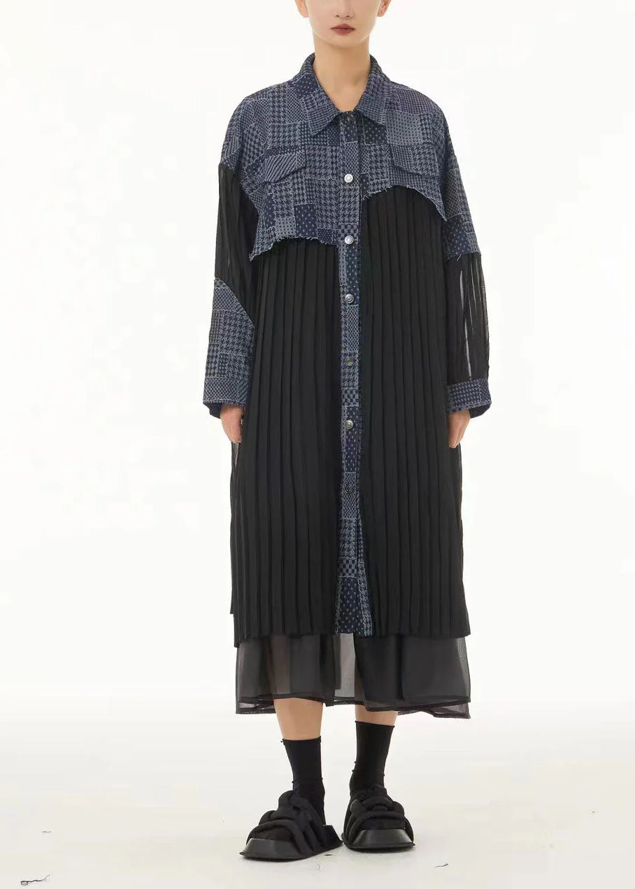 Plus Size Colorblock Oversized Denim Patchwork Wrinkled Chiffon Shirt Dresses Spring - Image 3
