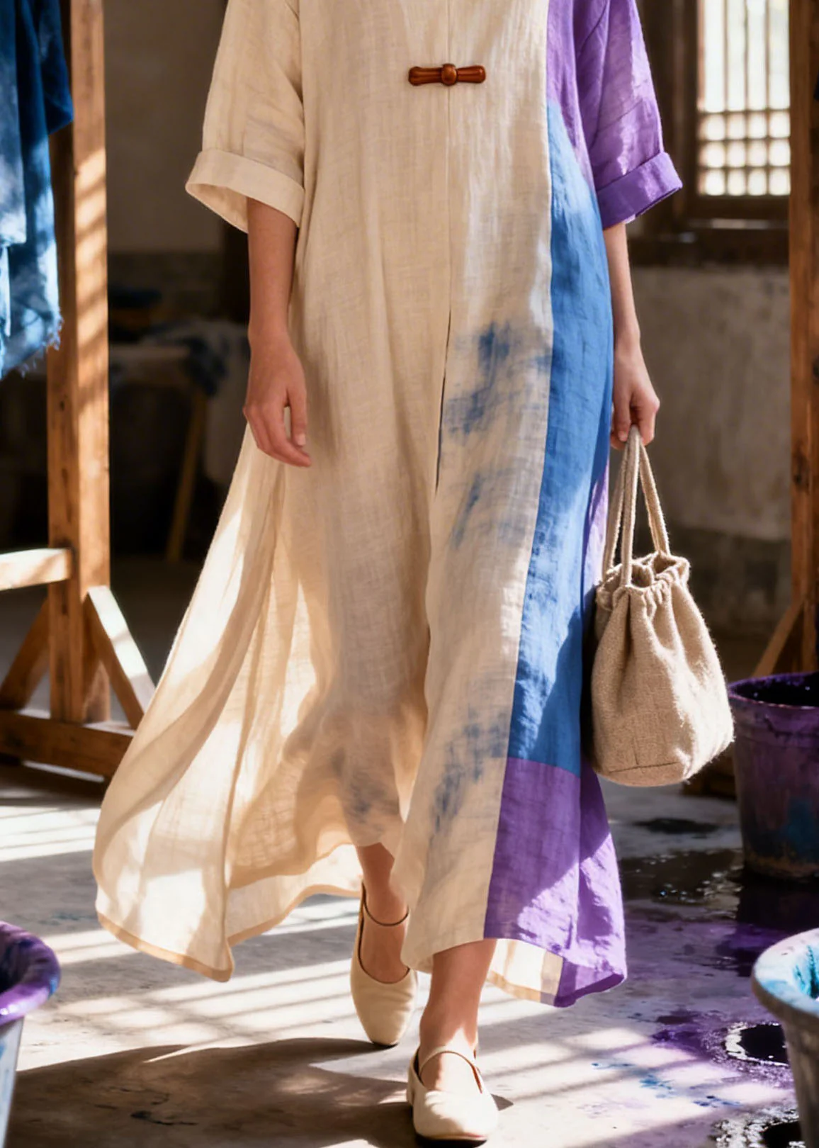 Plus Size Colorblock V Neck Patchwork Cotton Dress Summer - Image 4