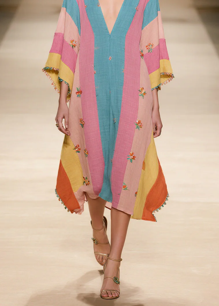 Plus Size Colorblock V Neck Print Cotton Dress Summer - Image 4