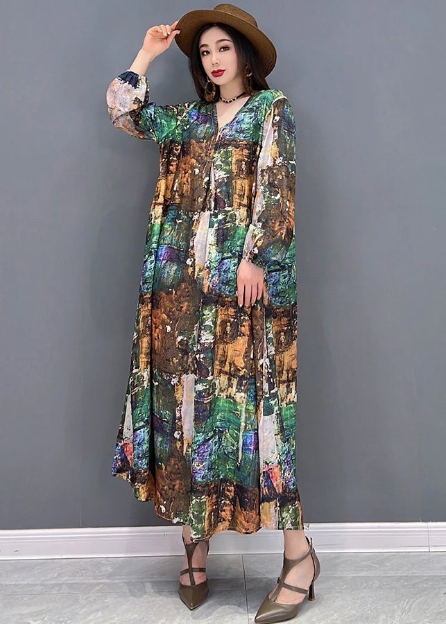 Plus Size Colorblock V Neck Print Tie Waist Chiffon Holiday Dress Long Sleeve - Image 2