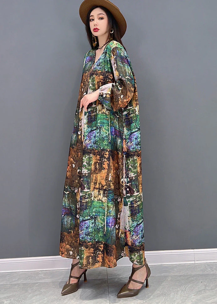 Plus Size Colorblock V Neck Print Tie Waist Chiffon Holiday Dress Long Sleeve - Image 3