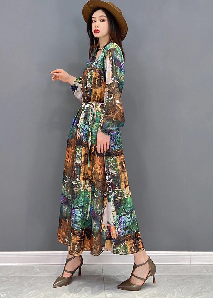 Plus Size Colorblock V Neck Print Tie Waist Chiffon Holiday Dress Long Sleeve - Image 4
