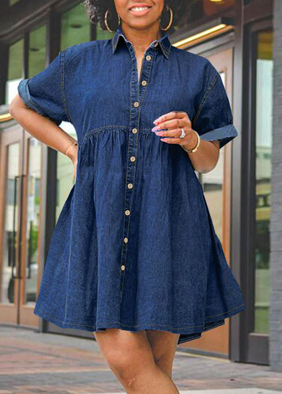Plus Size Dark Blue Peter Pan Collar Patchwork Mid Dresses Short Sleeve - Image 2