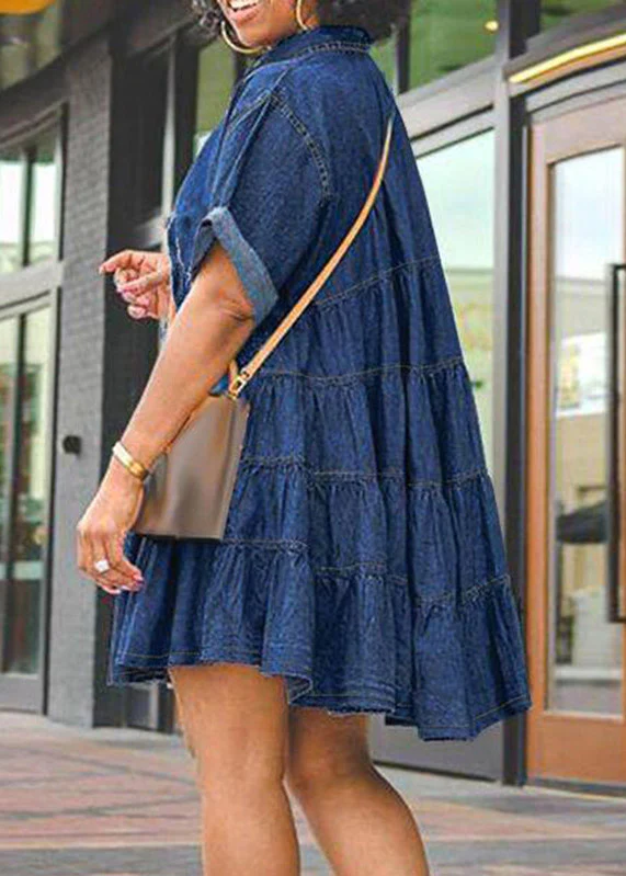 Plus Size Dark Blue Peter Pan Collar Patchwork Mid Dresses Short Sleeve - Image 3