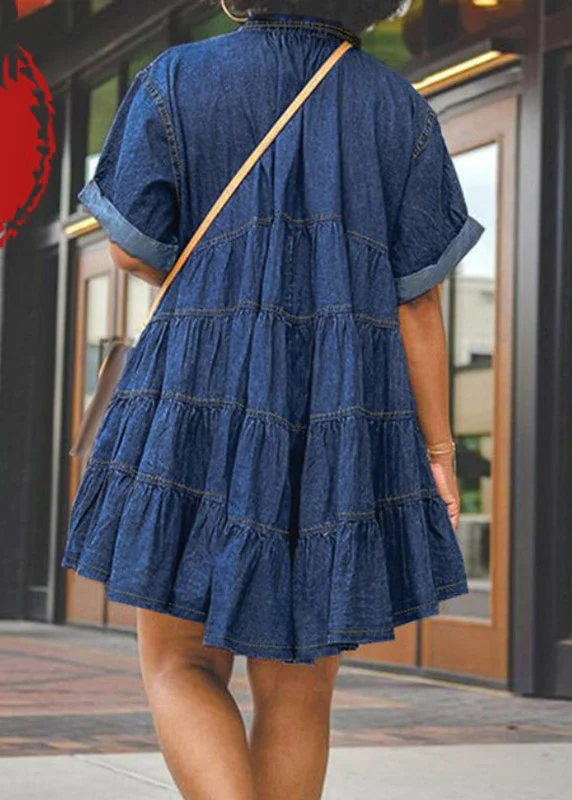 Plus Size Dark Blue Peter Pan Collar Patchwork Mid Dresses Short Sleeve - Image 4
