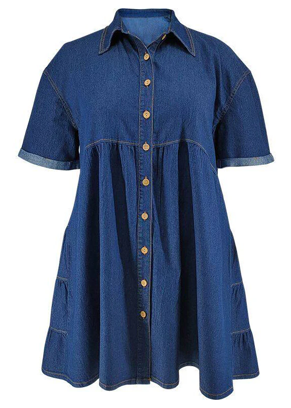Plus Size Dark Blue Peter Pan Collar Patchwork Mid Dresses Short Sleeve - Image 5