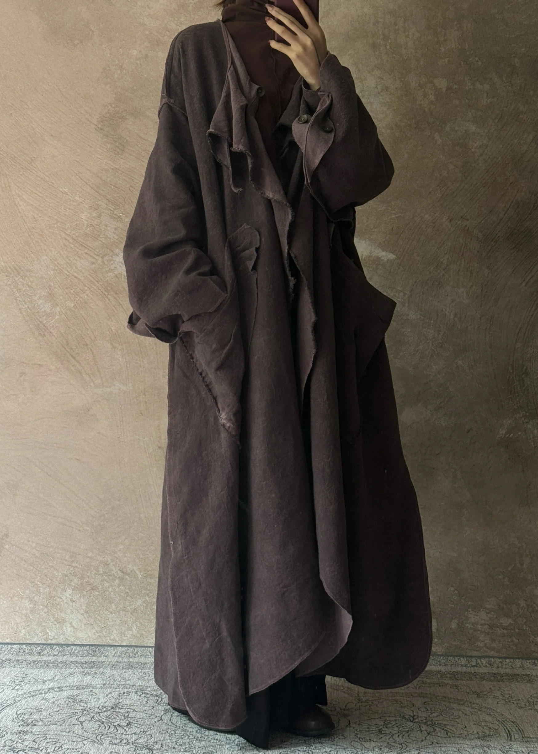 Plus Size Dark Purple Pockets Patchwork Wear On Both Sides Trench Coats Long Sleeve