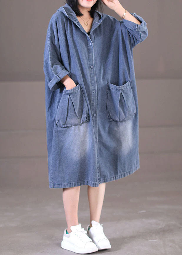 Plus Size Denim Blue Hooded Pockets Cotton Long Dress Long Sleeve - Image 2