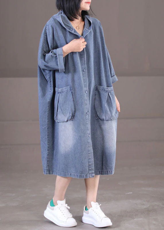Plus Size Denim Blue Hooded Pockets Cotton Long Dress Long Sleeve - Image 3