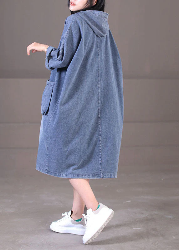 Plus Size Denim Blue Hooded Pockets Cotton Long Dress Long Sleeve - Image 4