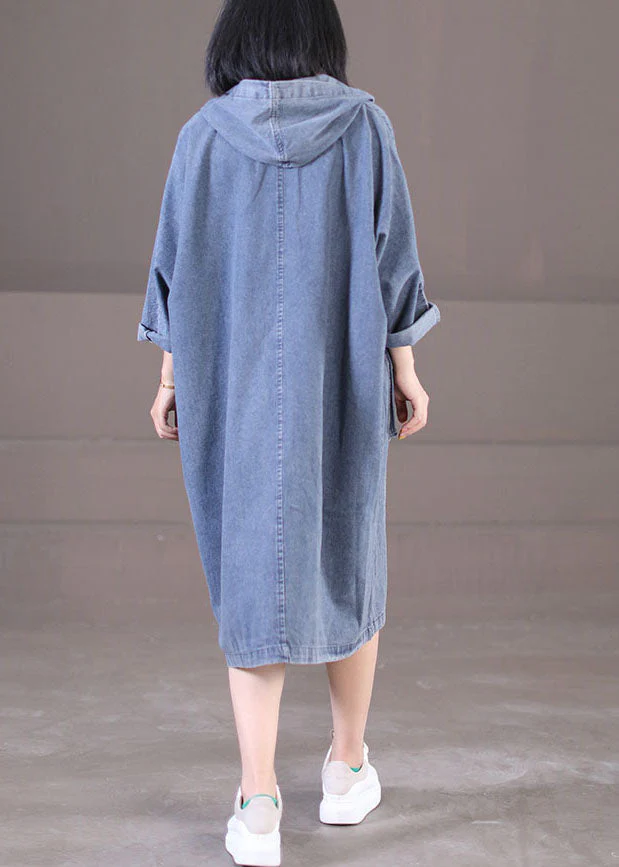 Plus Size Denim Blue Hooded Pockets Cotton Long Dress Long Sleeve - Image 5