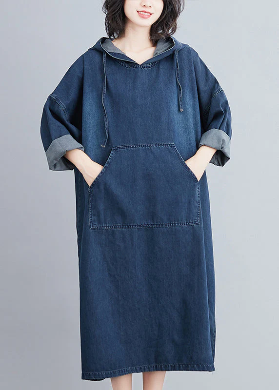 Plus Size Denim Blue Hooded Pockets Denim Long Dress Fall - Image 2