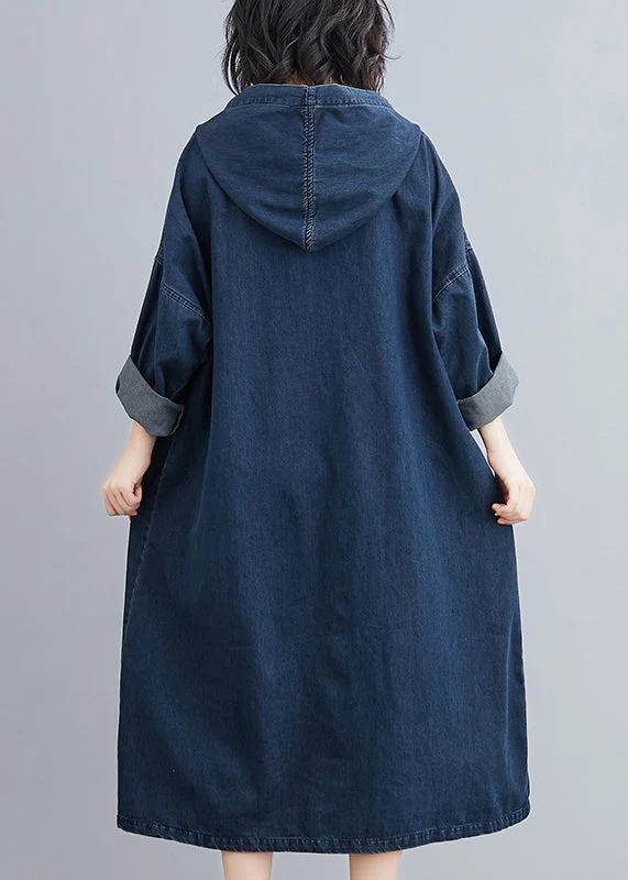 Plus Size Denim Blue Hooded Pockets Denim Long Dress Fall - Image 5