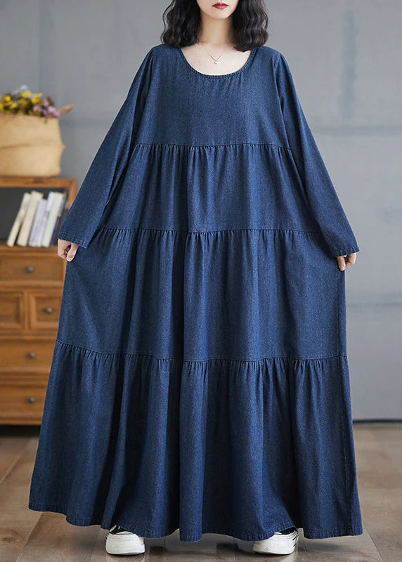Plus Size Denim Blue O-Neck Wrinkled Patchwork Long Dresses Fall - Image 2
