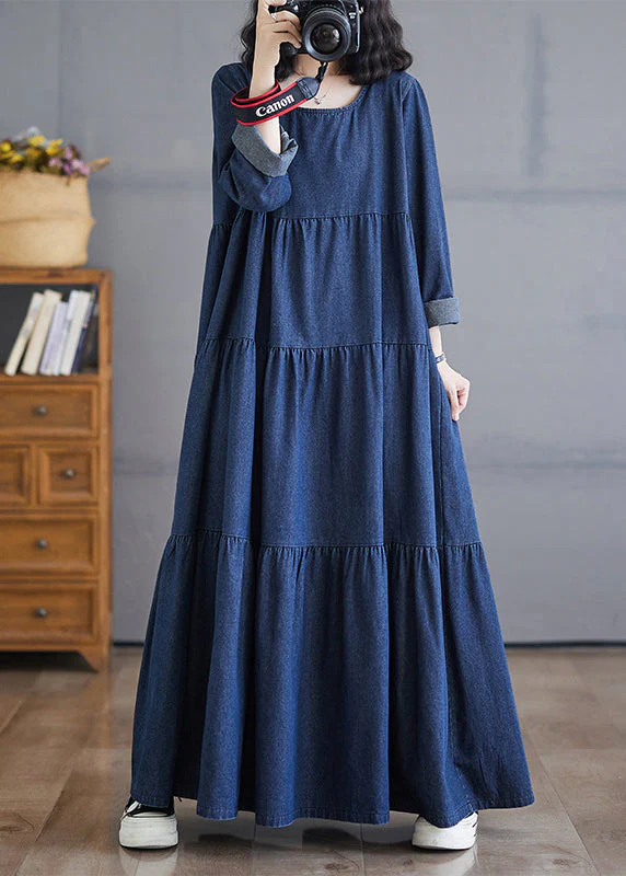 Plus Size Denim Blue O-Neck Wrinkled Patchwork Long Dresses Fall - Image 3