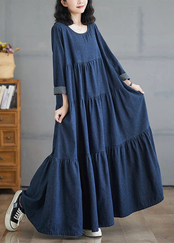 Plus Size Denim Blue O-Neck Wrinkled Patchwork Long Dresses Fall - Image 4