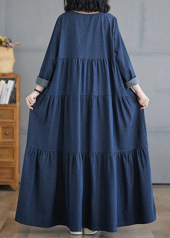 Plus Size Denim Blue O-Neck Wrinkled Patchwork Long Dresses Fall - Image 5