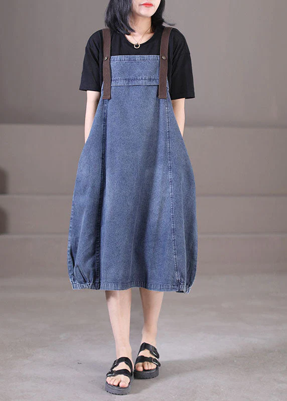 Plus Size Denim Blue Original Design Cotton Strap Long Dresses Summer - Image 3