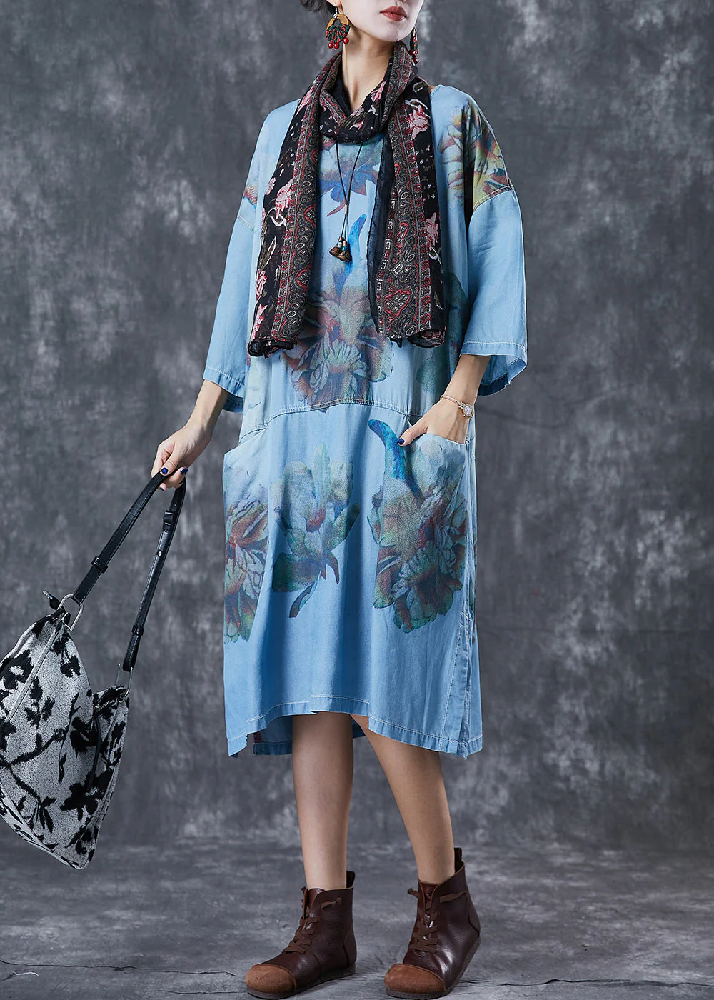 Plus Size Denim Blue Oversized Print Cotton Robe Dresses Fall - Image 2