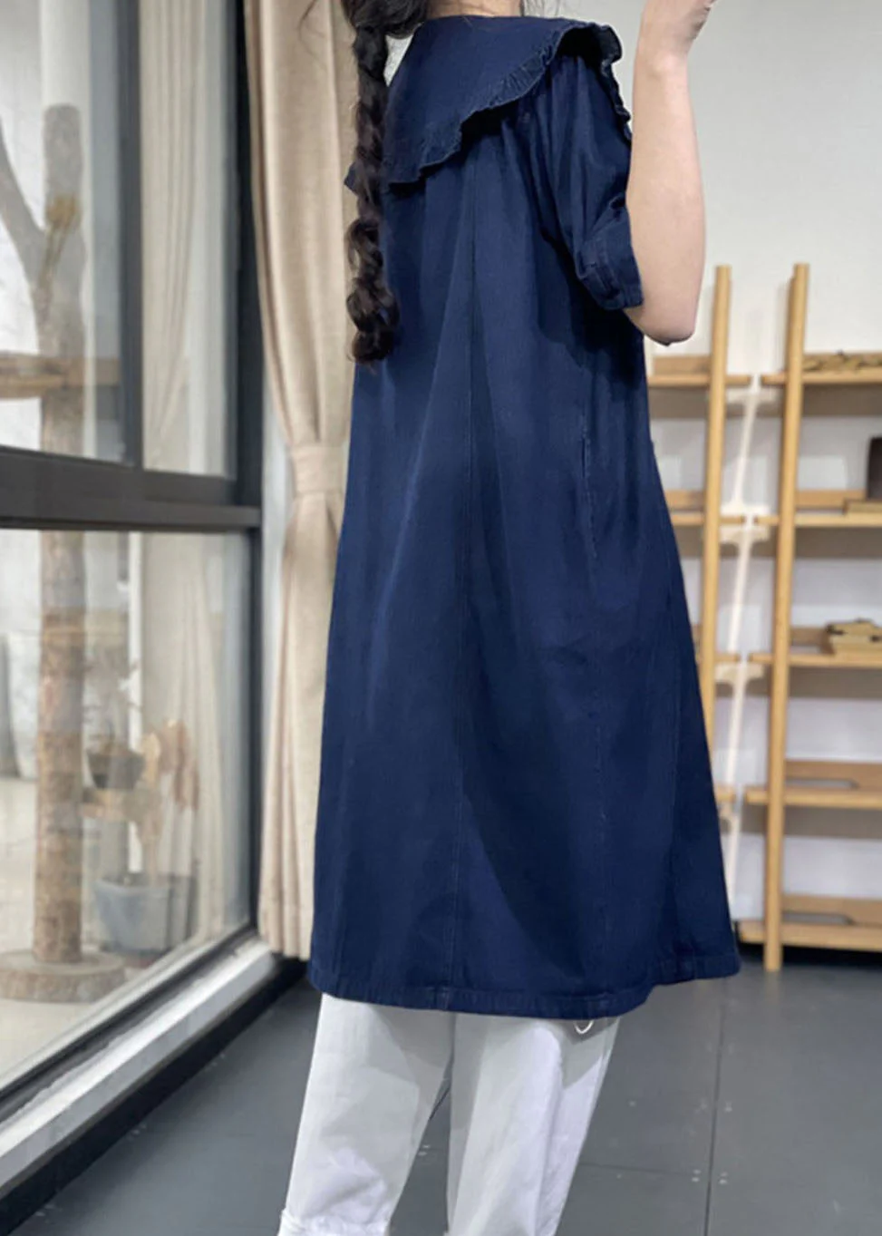 Plus Size Denim Blue Peter Pan Collar Ruffled Cotton Vacation Dresses Short Sleeve - Image 3