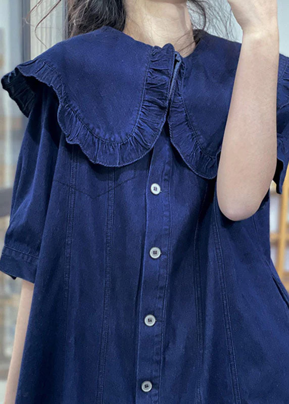 Plus Size Denim Blue Peter Pan Collar Ruffled Cotton Vacation Dresses Short Sleeve - Image 4