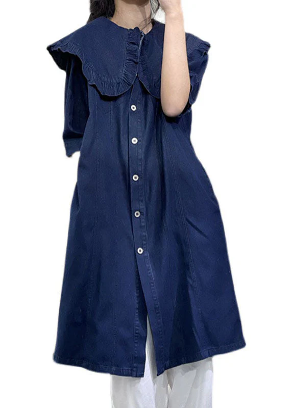 Plus Size Denim Blue Peter Pan Collar Ruffled Cotton Vacation Dresses Short Sleeve - Image 5