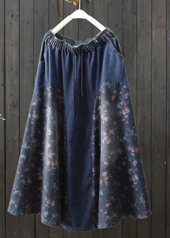 Plus Size Denim Light Blue Print High Waist A Line Skirt Summer - Image 2
