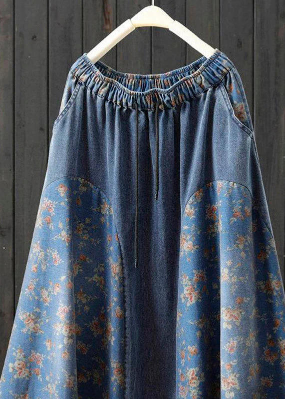 Plus Size Denim Light Blue Print High Waist A Line Skirt Summer - Image 3