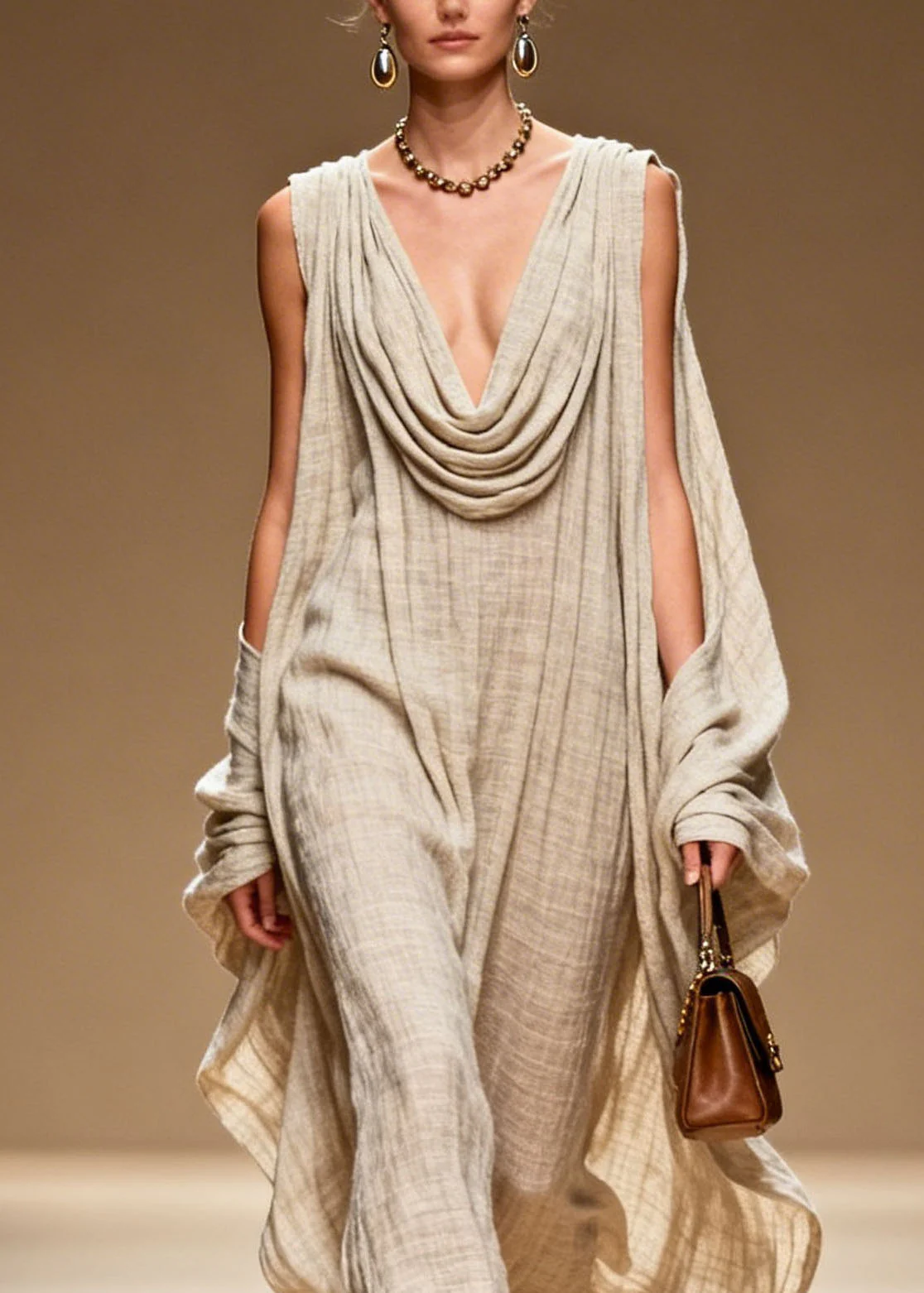 Plus Size Draped Neckline Floral Patchwork Linen Dress Summer - Image 2